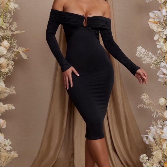 Oh Polly Long Sleeve Bardot Neckline Midi Dress Bust Cutout Event Party Size 4 - Picture 1 of 9